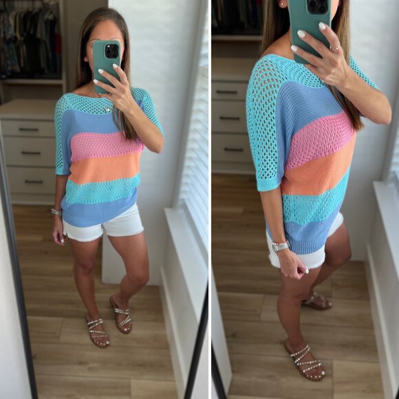 Private Label Tops - Short Sleeve Color Block Striped Sweater - Size Small